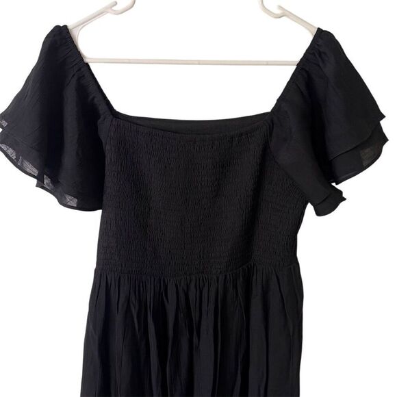 Black Flutter-Sleeve Midi Dress Women's M Chic Elegant Square Neck Casual - Picture 3 of 5